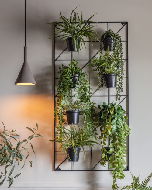 50594136960911-scaled-1.jpg A black metal Wall Planter Small holds six potted green plants on a beige wall, softly illuminated by a modern pendant light. More plants appear at the lower left.